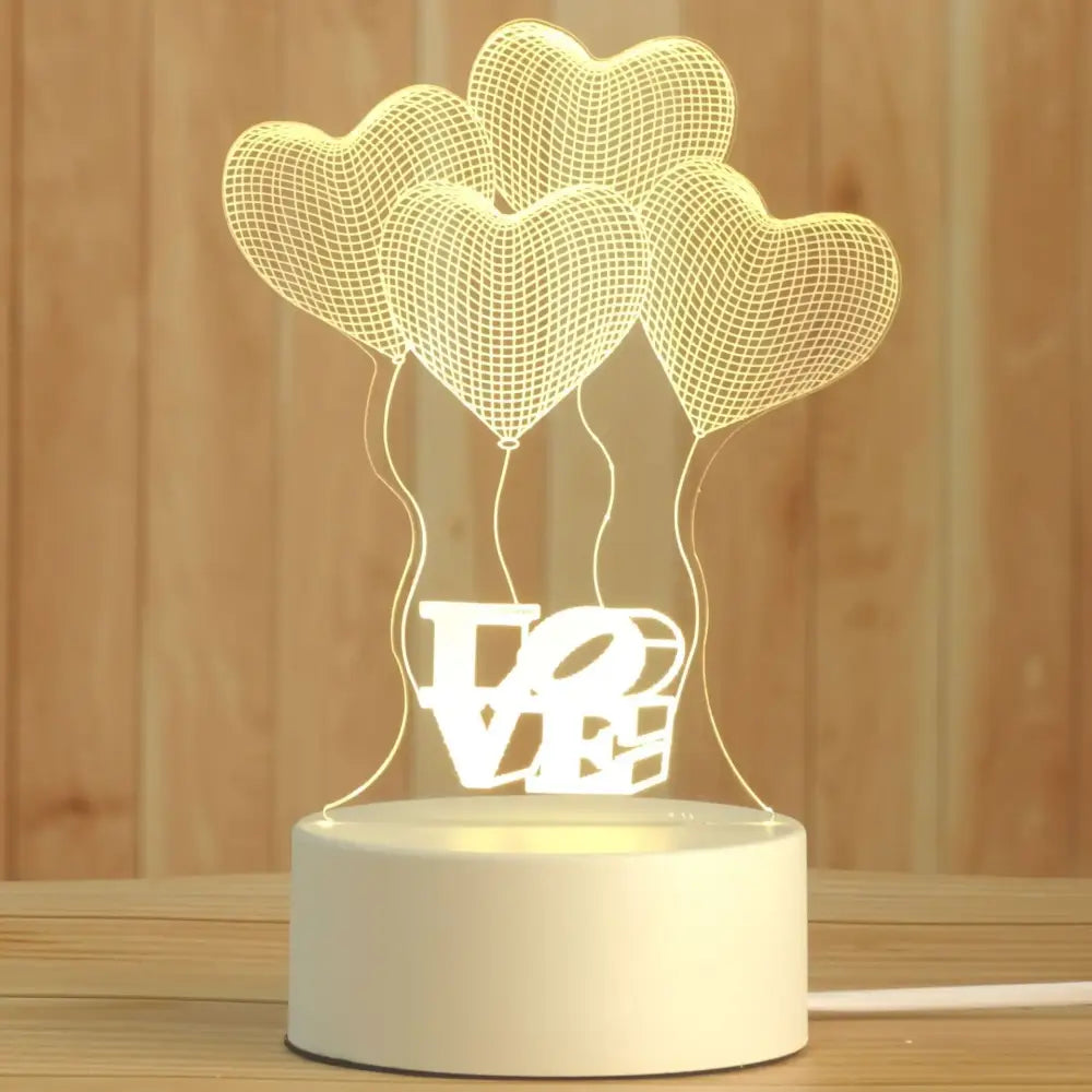 A glowing white modern acrylic night lamp featuring three heart-shaped balloons above love for bedroom decorbites 3d acrylic decor