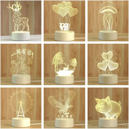 Collection of white illuminated decorbites 3d acrylic night lamps including deer balloons love jellyfish and eagle designs