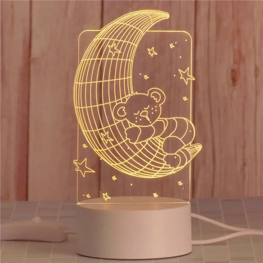 Modern white acrylic night lamp featuring a glowing golden 3d illusion of a sleeping koala on a crescent moon decorbites 3d acrylic night lamp