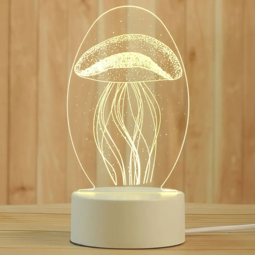 Modern white acrylic night lamp featuring a glowing jellyfish 3d illusion in a translucent oval frame for bedroom decorbites 3d acrylic night lamp decor