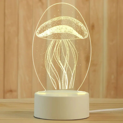 Modern white acrylic night lamp featuring a glowing jellyfish 3d illusion in a translucent oval frame for bedroom decorbites 3d acrylic night lamp decor