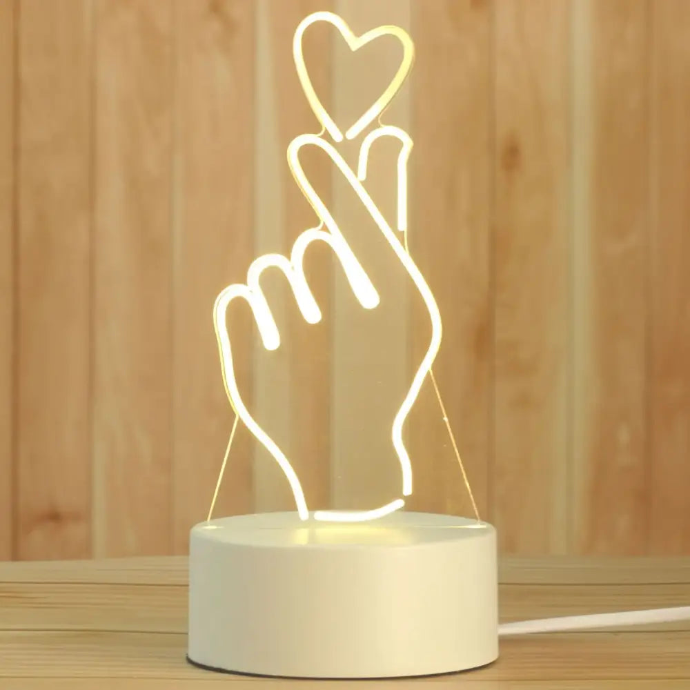 Modern white acrylic night lamp with glowing finger heart neon design on a white base for bedroom led decorbites 3d acrylic decor