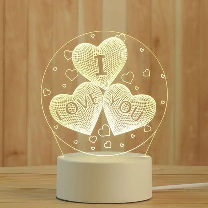 Modern white acrylic night lamp with warm glowing 3d led decor featuring interlocking hearts and i love you design
