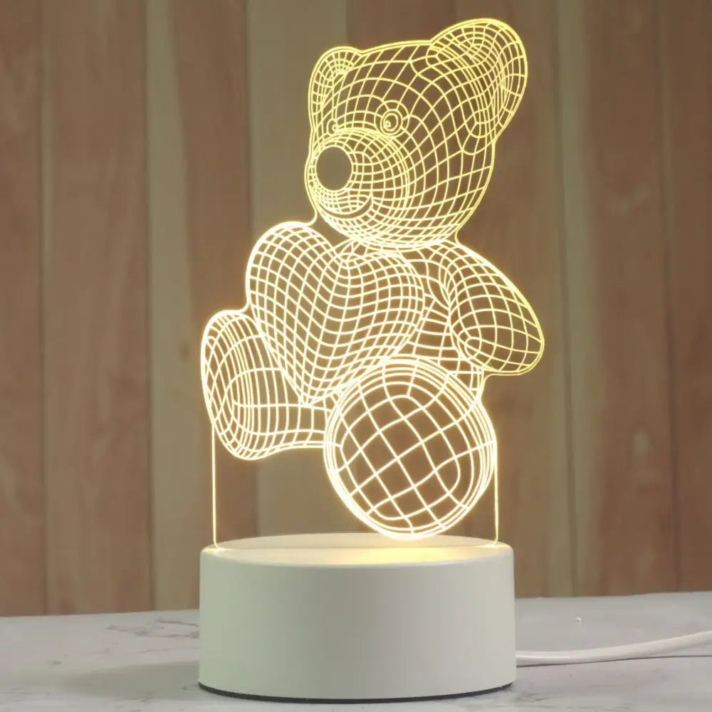 Modern white acrylic night lamp featuring a glowing wireframe teddy bear with warm yellow light decorbites 3d acrylic decor