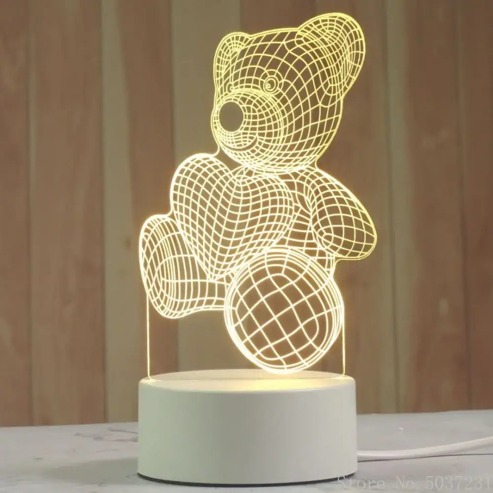 Modern white acrylic night lamp featuring a glowing wireframe teddy bear design with warm yellow light for bedroom decorbites 3d acrylic decor