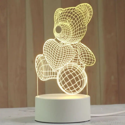 Modern white acrylic night lamp featuring a glowing wireframe teddy bear design with warm yellow light for bedroom decorbites 3d acrylic decor