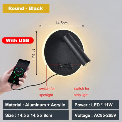 Black round decorbites adjustable 10w wall light sconce with cylindrical spotlight and integrated usb charging port