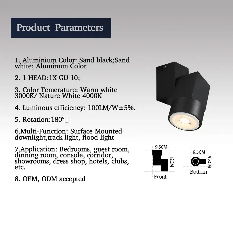 Black aluminum ceiling-mounted spotlight with cylindrical head and adjustable angle downlight for modern living rooms
