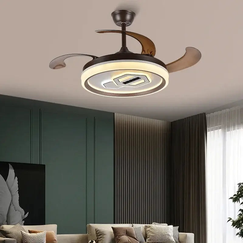 Modern white ceiling fan with bronze finish, decorbites adjustable blade, integrated led light, and curved wooden blades