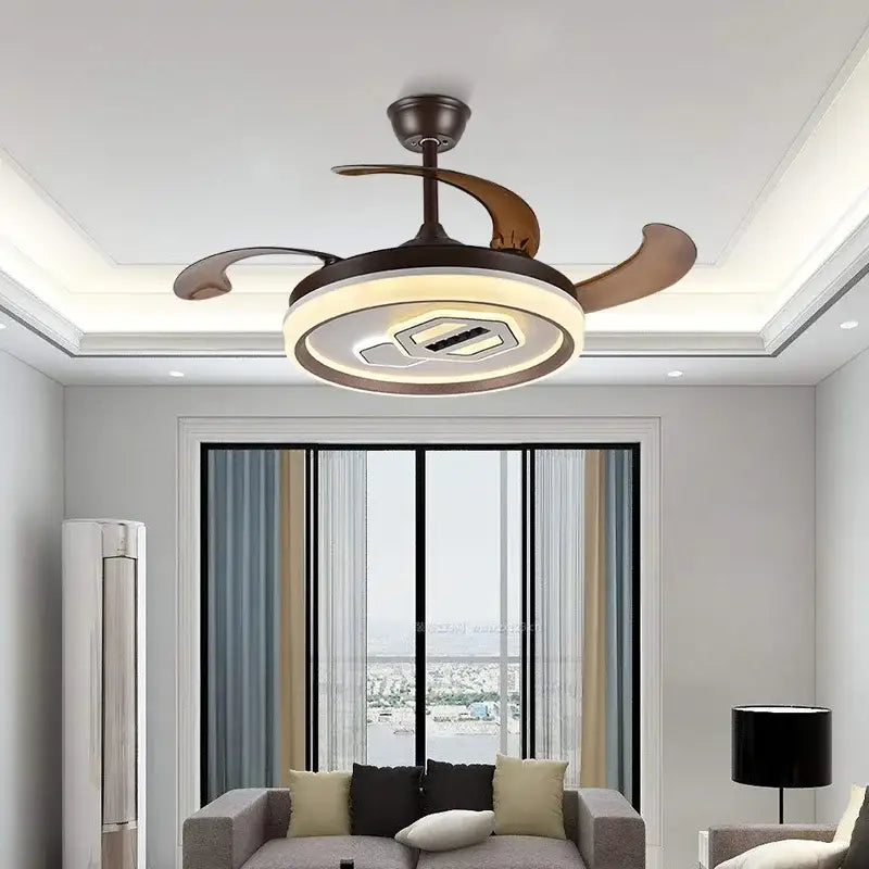 Modern white decorbites adjustable blade ceiling fan with bronze finish, curved wooden blades, and integrated led lighting for living room decor
