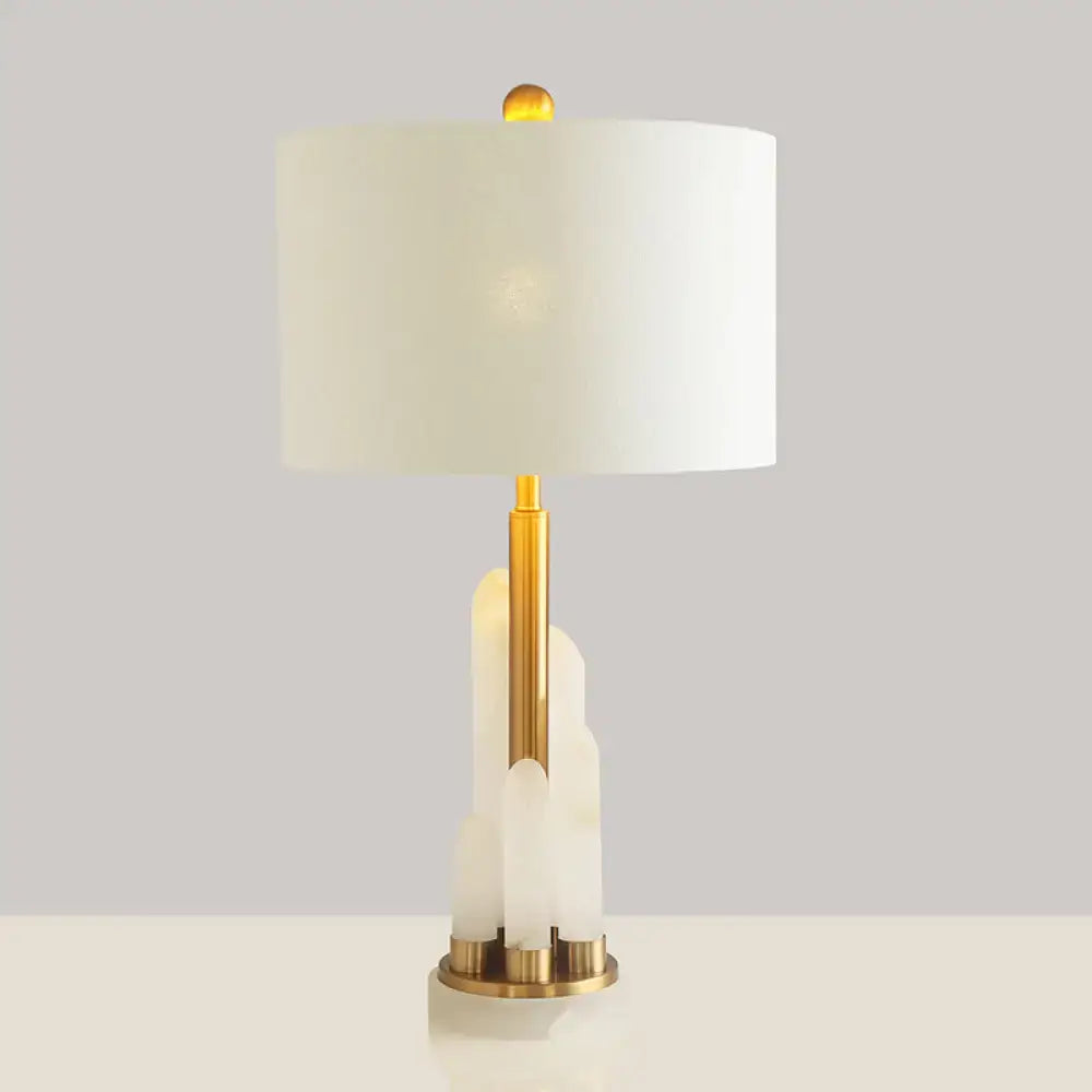Decorbites minimalist 1-head fabric bedside lamp with white cylindrical drum table lighting and alabaster mica base