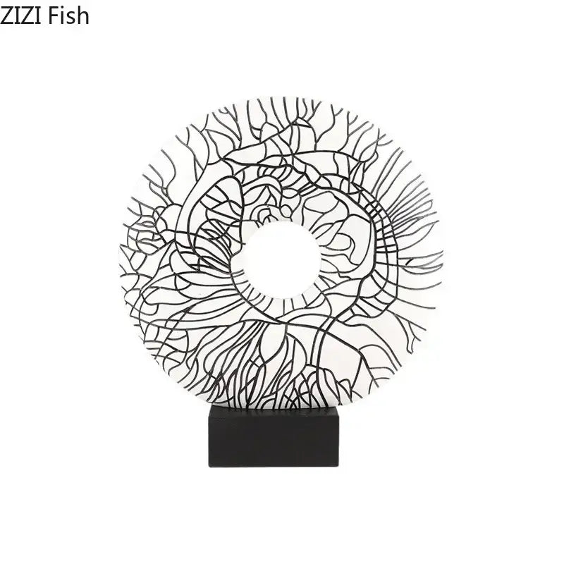Black wireframe decorbites circle ornament with intricate branching lines on black base for modern living room decor