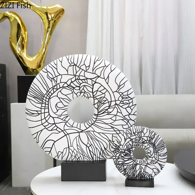 Modern white and black floral decorbites circle ornament with sleek black bases for living room decoration