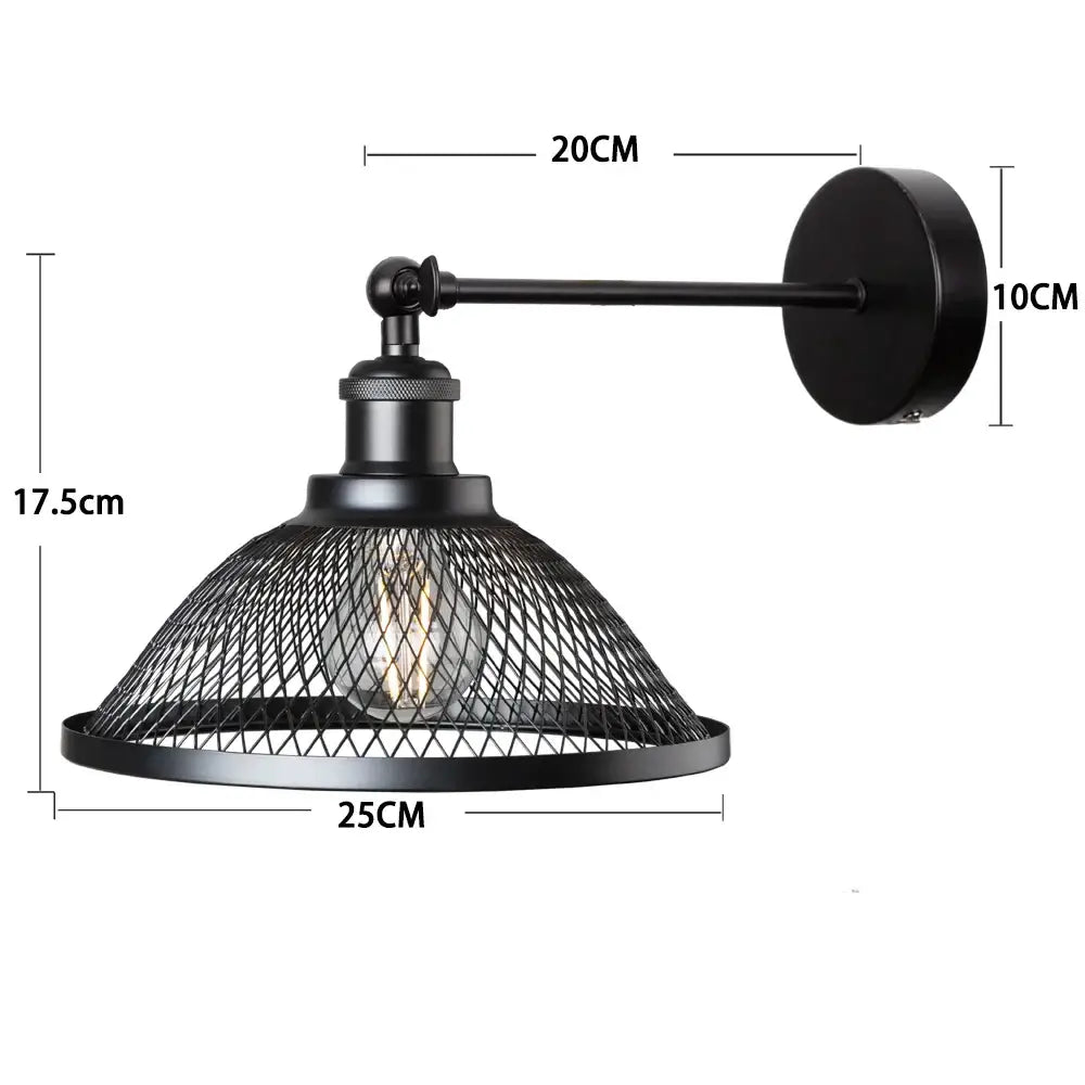 Black wrought iron industrial wall lamp with mesh shade and exposed bulb for modern bedroom decorbites iron net style
