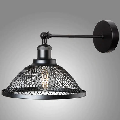 Black metal industrial-style iron net wall lamp with mesh cage and exposed bulb for modern bedroom decorbites iron net