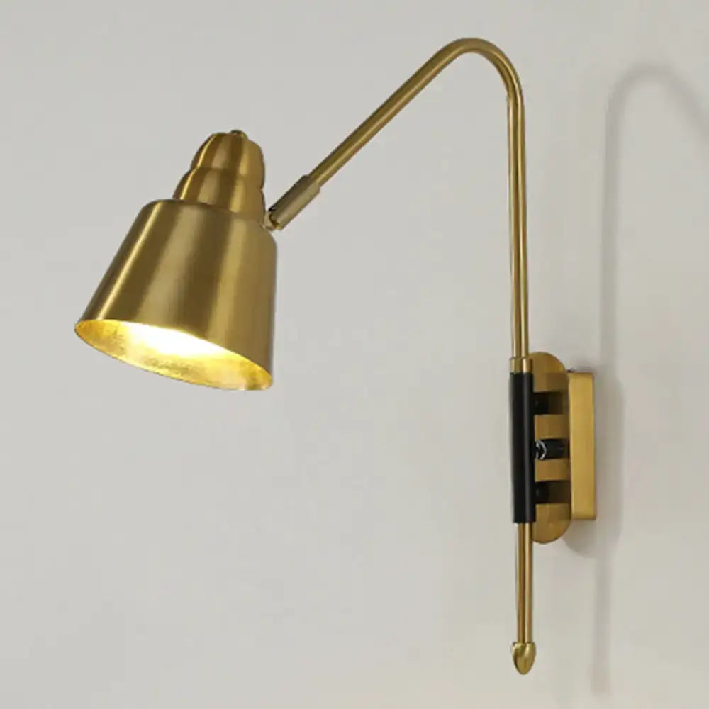 Modern white and brass v-shaped wall light with brass-finished adjustable conical shade and black accent band light type