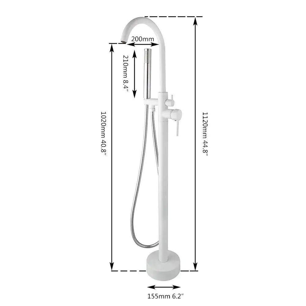 Modern white and chrome freestanding bathtub faucet set with matte finish curved spout and integrated handheld showerhead