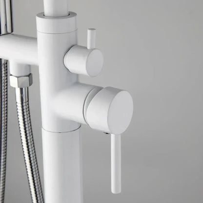 Modern white and chrome bathtub faucet set with matte finish and chrome shower hose for bathroom floor mount