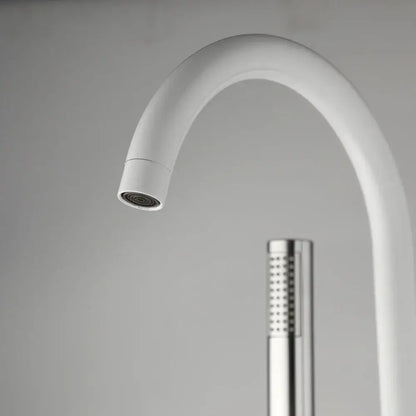 Modern white and chrome bathtub faucet set with curved faucet and chrome showerhead attachment for bathroom floor mount