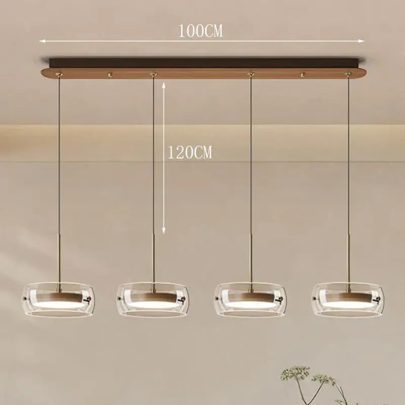 Modern white and clear glass ring pendant light with wooden bar and remote dimming for dining room ambiance