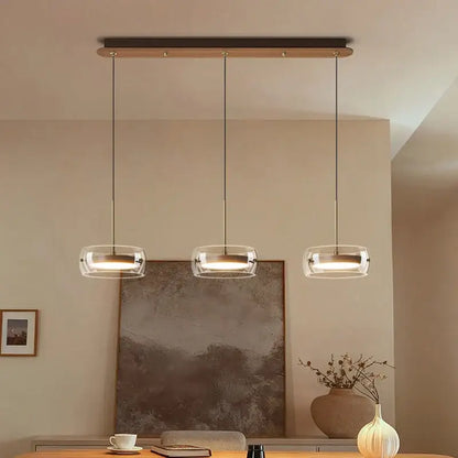 Modern white and clear glass ring pendant light with three glass shades and wooden bar for dining room with remote dimming