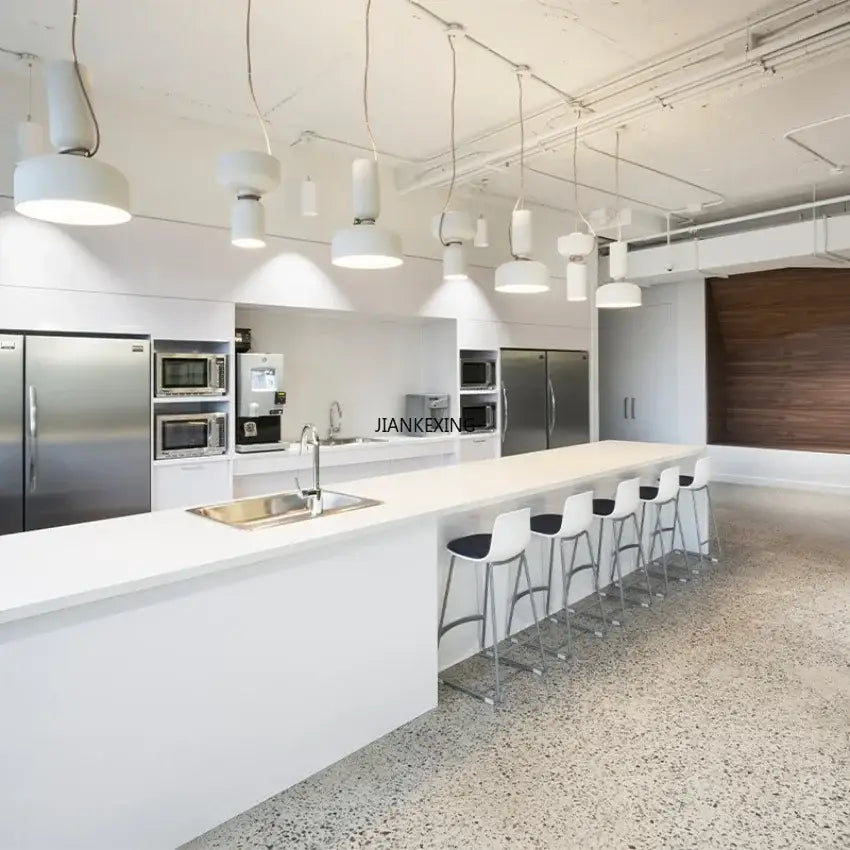Modern white kitchen island with stainless steel sink and copper ceramic pendant light by decorbites designer iron chandelier