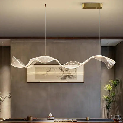 Modern white and gold acrylic ribbon led pendant light with translucent wave shape for dining room decorbites acrylic ribbon
