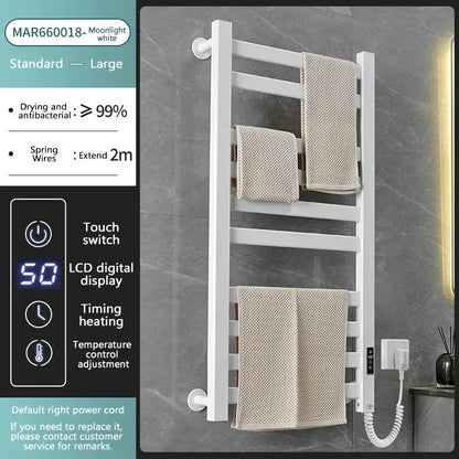 Modern white and gold electric towel radiator with digital display and touch switch for bathroom storage shelf