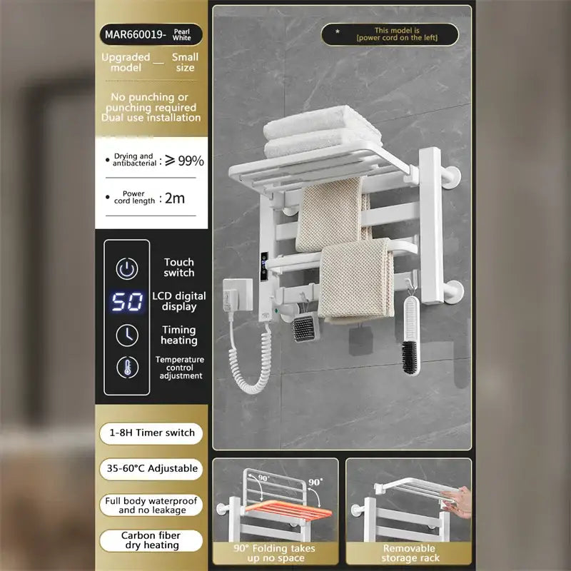 Modern white and gold electric towel radiator warmer with digital display and foldable design for bathroom storage