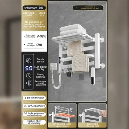 Modern white and gold electric towel radiator warmer with digital display and foldable design for bathroom storage