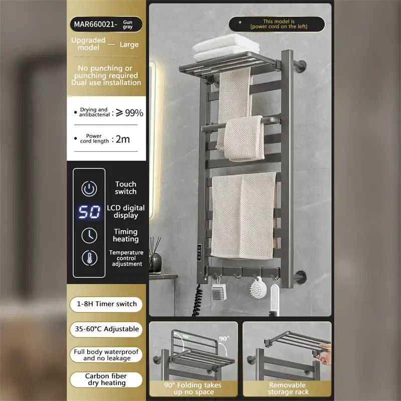 Gun gray electric towel radiator warmer with lcd digital display and touch switch in modern white and gold bathroom shelf