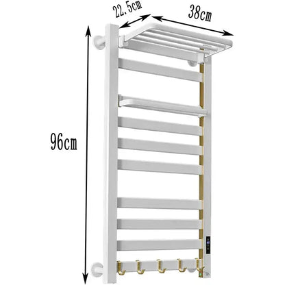 Modern white and gold electric towel radiator warmer with digital control panel and bathroom storage shelf