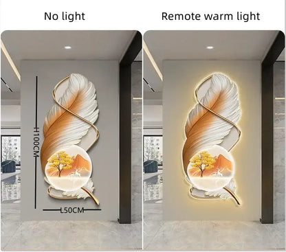 Modern white and gold feather led wall lamp with illuminated stylized feather and autumn landscape inset for bedroom decor