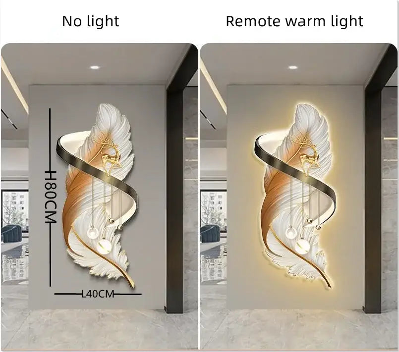 Modern white and gold feather led wall lamp with warm integrated glow for bedroom sculpture and ambient lighting