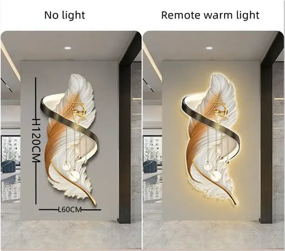 Modern white and gold feather led wall lamp with sleek black ribbon accent for stylish bedroom illumination