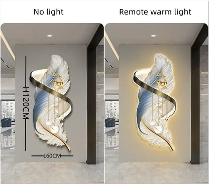 Modern white and gold feather led wall lamp sculpture with blue accents and hanging spheres for bedroom decor