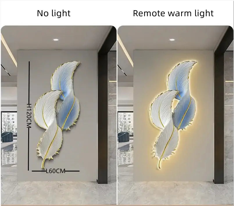 Modern white and gold feather led wall lamp featuring three intertwined illuminated feathers in soft blue and white tones