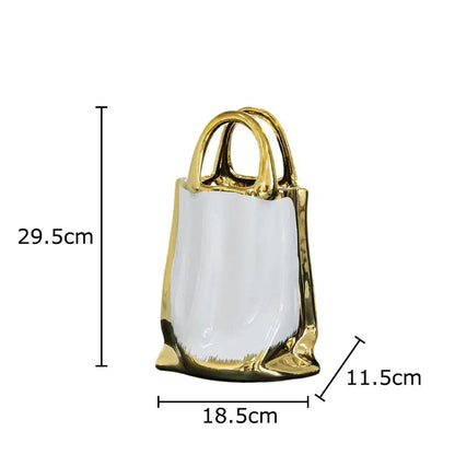 Glossy white handbag ceramic vase with golden handbag ceramic handles and base for modern decorbites decor