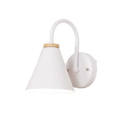 Modern white and iron wood led wall lamp with conical shade and bamboo accent for bedroom decorbites iron wood style
