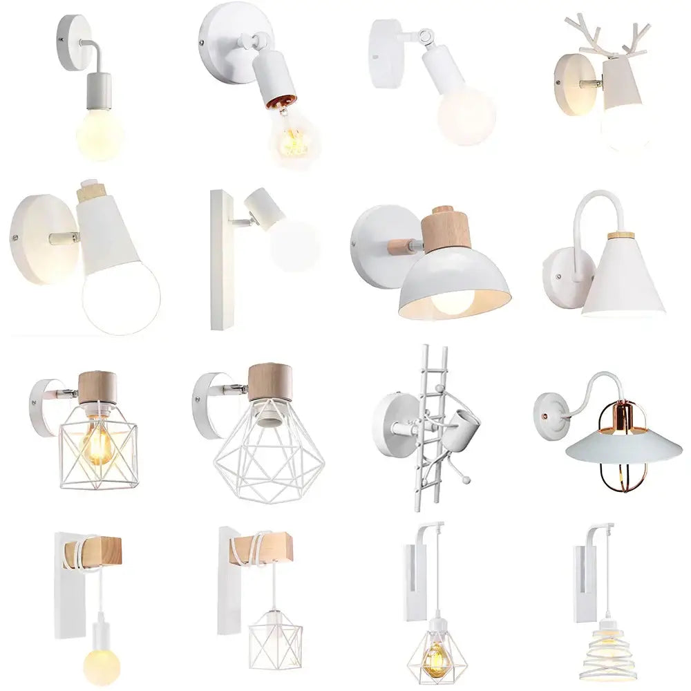 Modern white and iron wood led wall lamp with wooden accent and exposed bulb for bedroom decorbites iron wood sconce