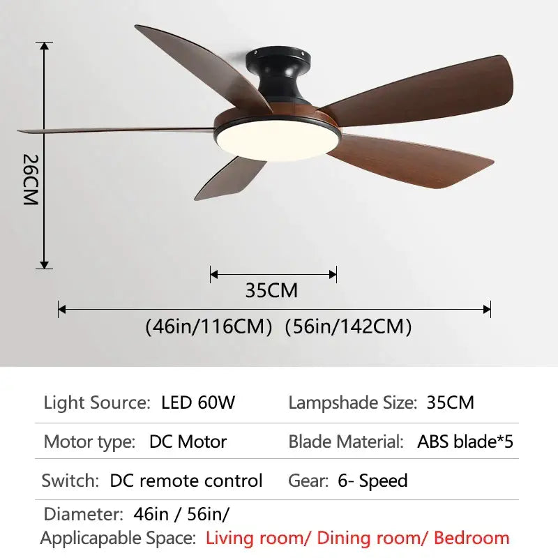 Modern ceiling fan with dark brown abs blades and integrated led light for bedroom use with remote control option