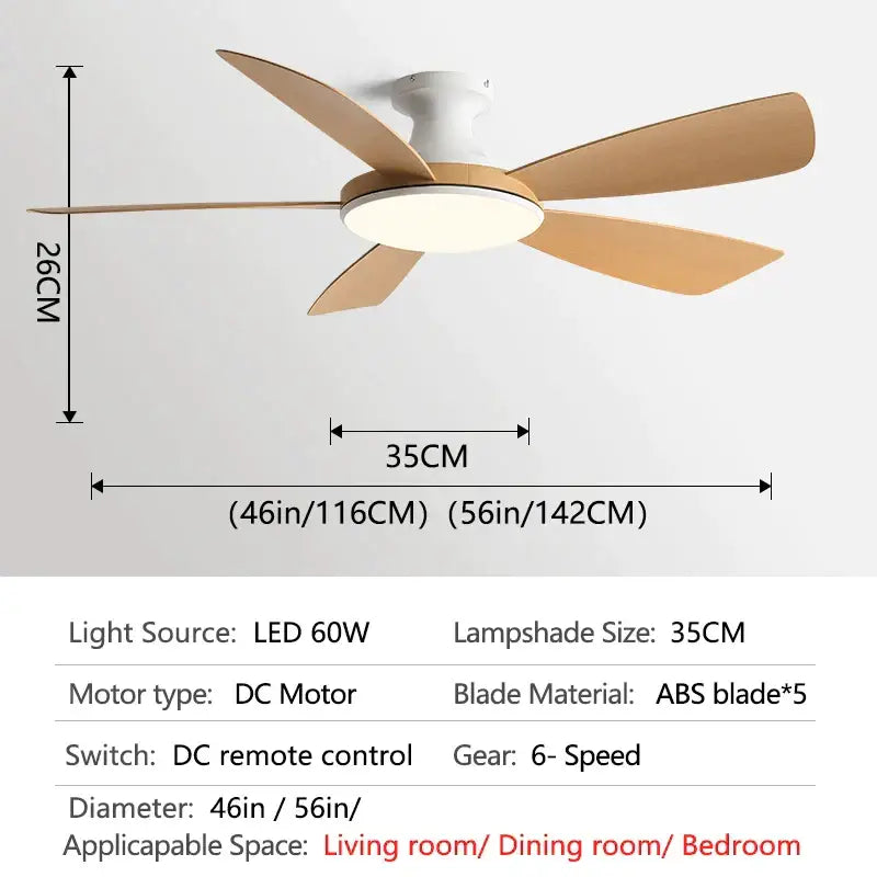 A modern ceiling fan with five light brown ABS blades, white housing, integrated LED lamp, ideal for bedroom use and remote control