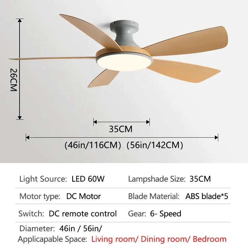 Modern ceiling fan with five light brown wooden blades gray housing integrated led lamp for bedroom with remote control