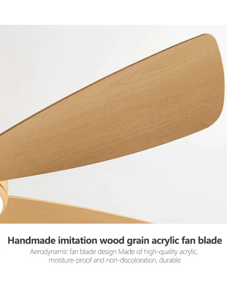 A sleek tan wood grain blade with smooth edges of a modern ceiling fan with led light for bedroom use