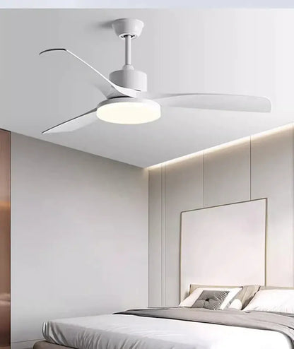 Modern white ceiling fan with integrated led light and sleek light wood blades for bedroom use