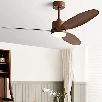 Modern white and light wood ceiling fan with three brown wooden blades, led light, and remote control for dining room