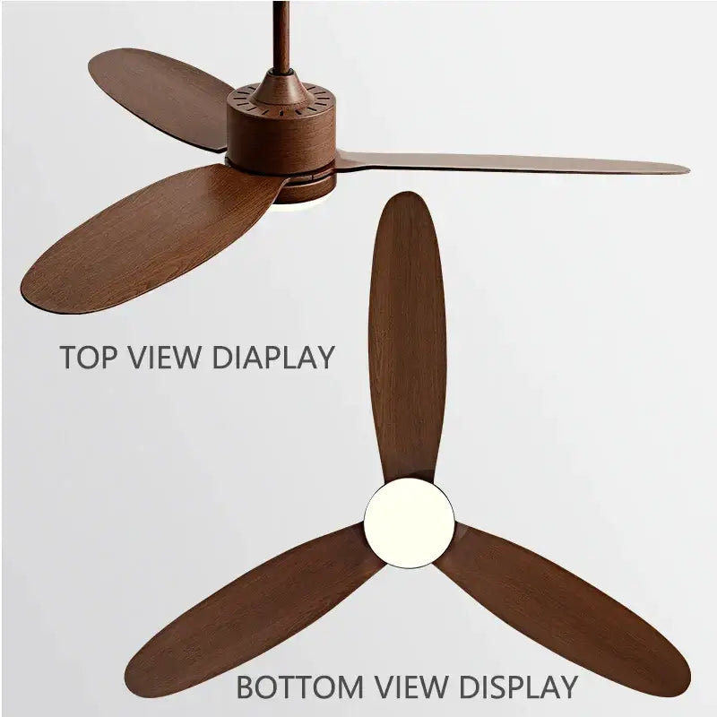 A sleek dark brown wooden modern dc ceiling fan with three blades and remote control for dining room use