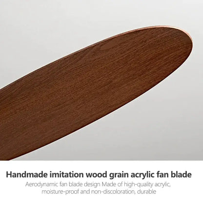 A sleek dark brown acrylic fan blade with wood grain texture for modern white and light wood dc ceiling fan remote control