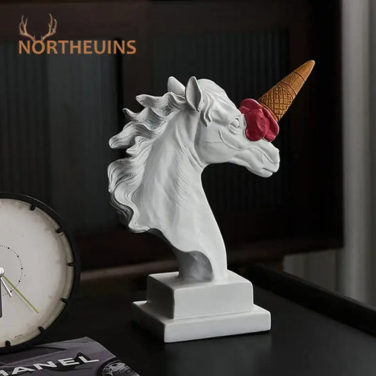 Modern white resin ice cream horse head sculpture with pink scoop and golden waffle cone horn for decorbites horse head decor