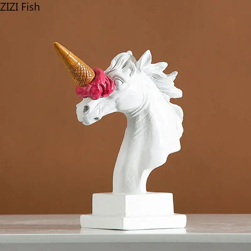 Modern white and pink ice cream horsehead statue with golden ice cream cone horn for living room decorbites ice cream decor